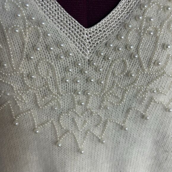 Vintage 80s Side Effects Beaded Ivory Wool Angora Rabbit Hair Sweater Sz M - Picture 2 of 16